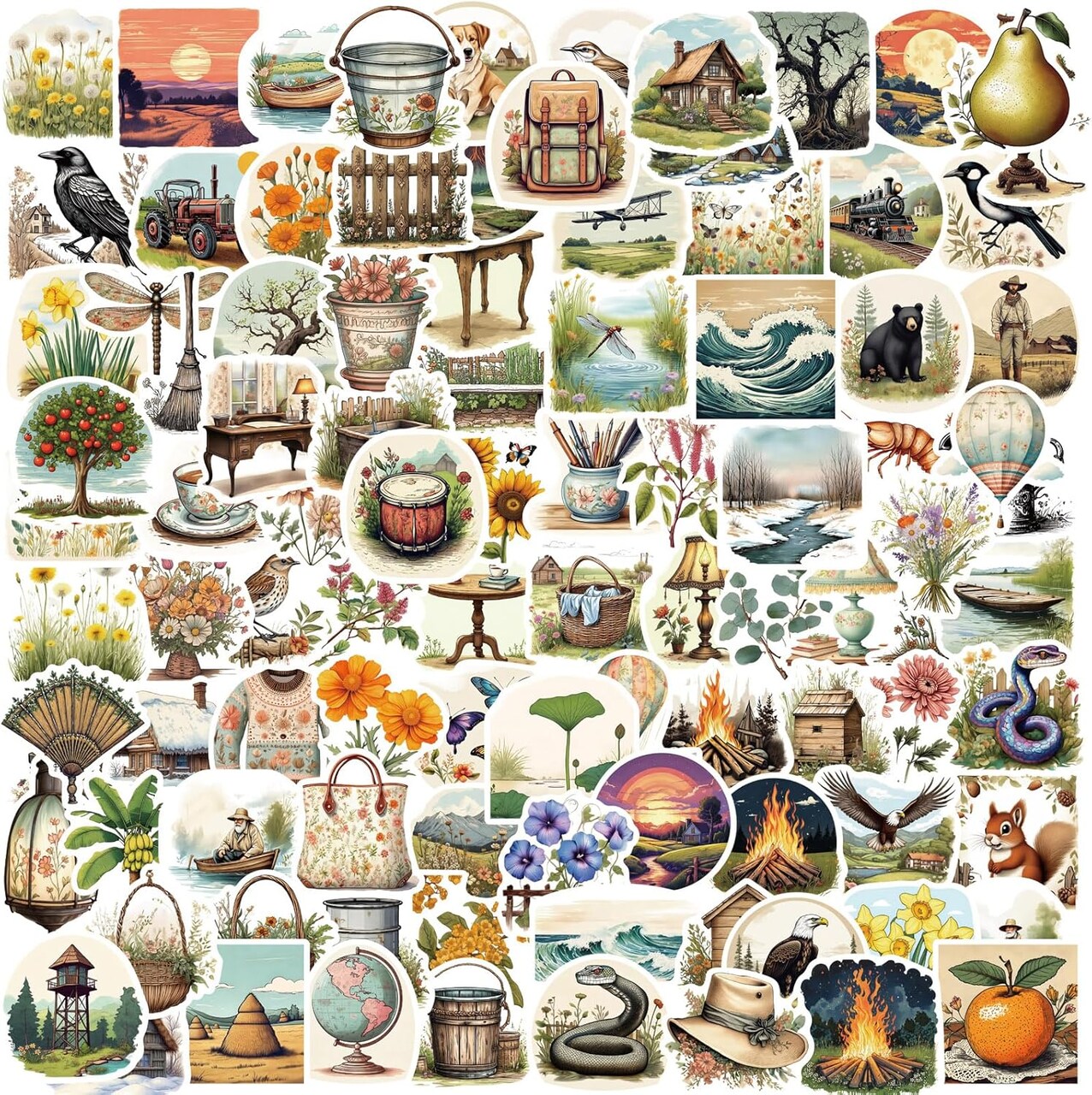 100+ Pcs Aesthetic Vintage Cottagecore Stickers for Scrapbooking (Vintagecottagecore) 1.5 x 1.5 x 0.01 inches